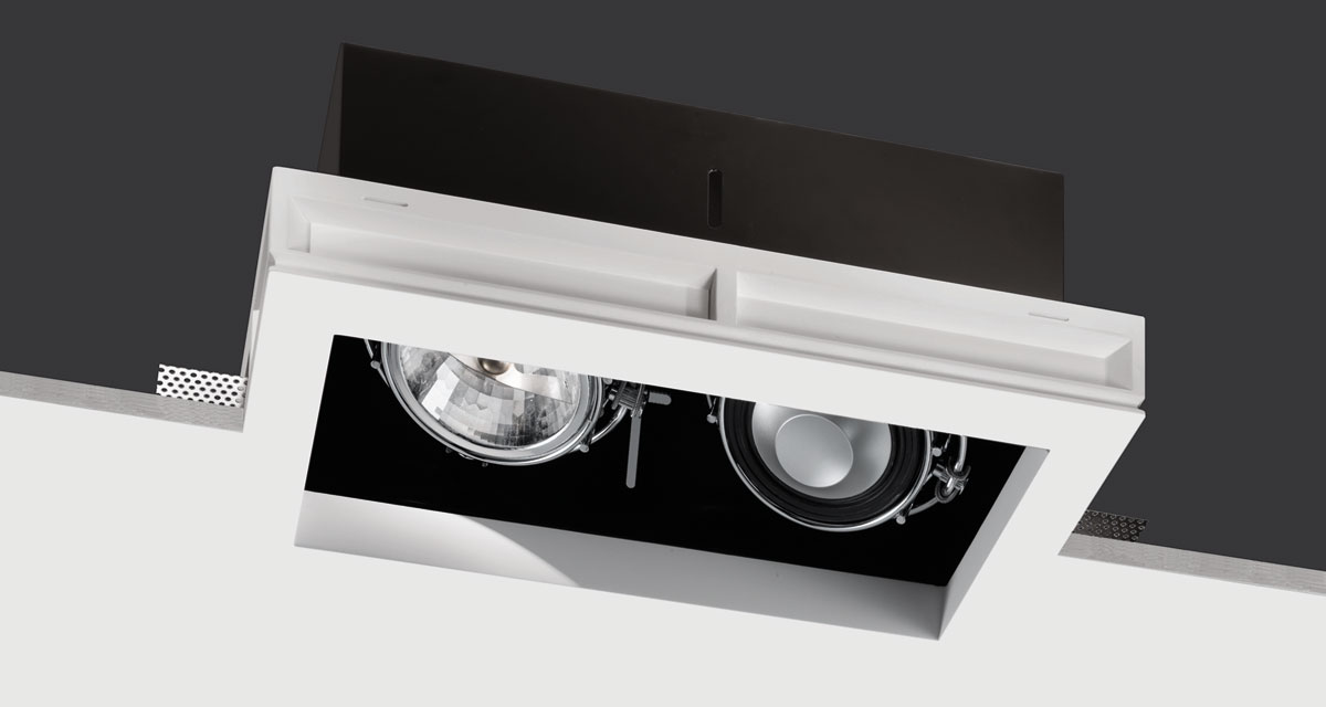 HI-AUDIO BOX | 225 mm-wide recessed lighting with light / sound sources adjustable on both axes, with black rearward source base