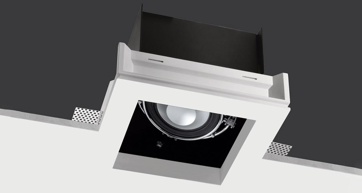 HI-AUDIO BOX | 225 mm-wide recessed lighting with light / sound sources adjustable on both axes, with black rearward source base