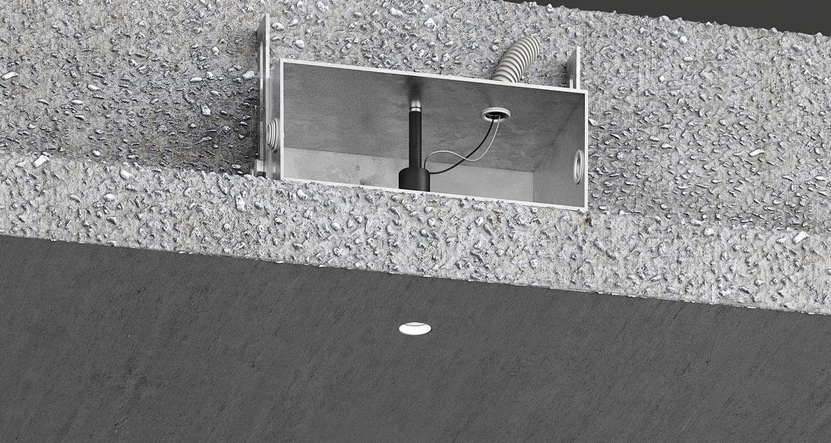 GENIUS CONCRETE IP65 | Outdoor totally recessed luminaire installable during the concrete casting phase with a minimum concrete cover of 12 mm (0.47”)