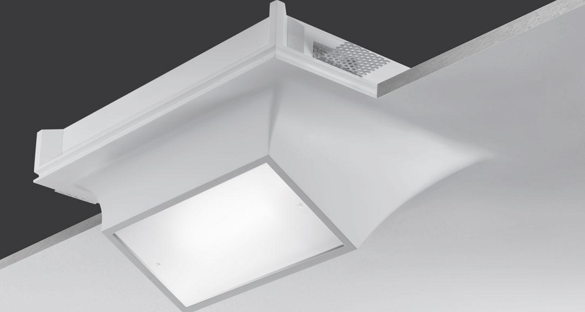 FLEXI | 290 x 360 mm semi-recessed lighting with 5 mm rearward frosted glass fixed with screws and 60° inclined light beam